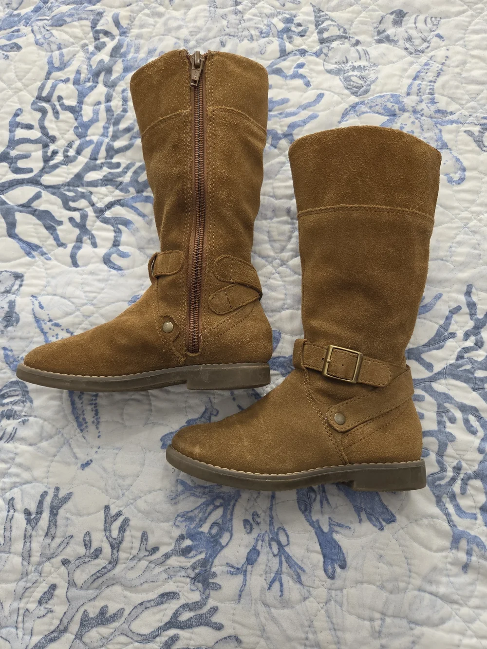 Girl's Tall Suede Buckle Heeled Boots - Brown